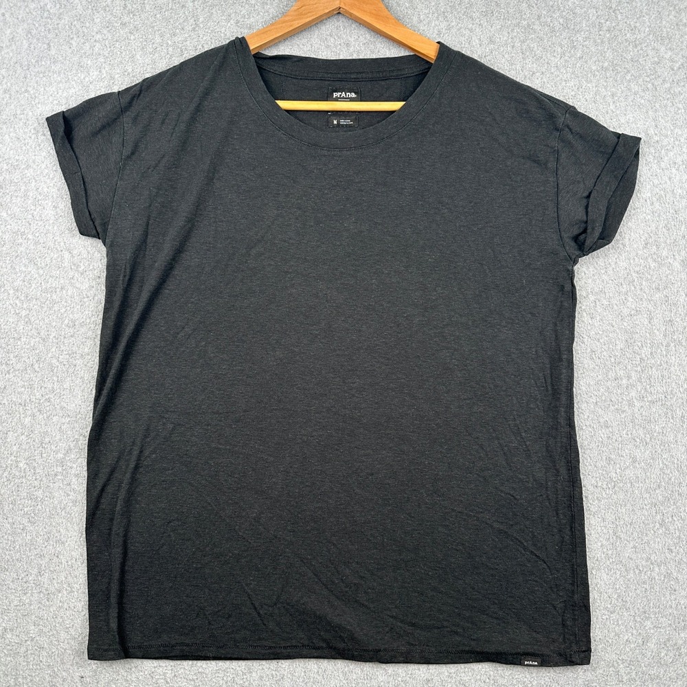 Prana T-Shirt Womens Medium Black Short Sleeve Rolled Cuff Crew Neck Top